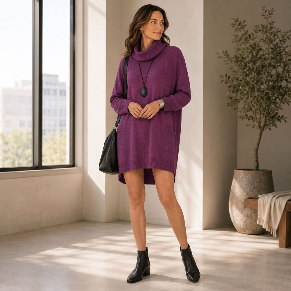 EILEEN FISHER Women SMALL Tunic Sweater Mini Dress 100% Merino Wool Italian Yarn